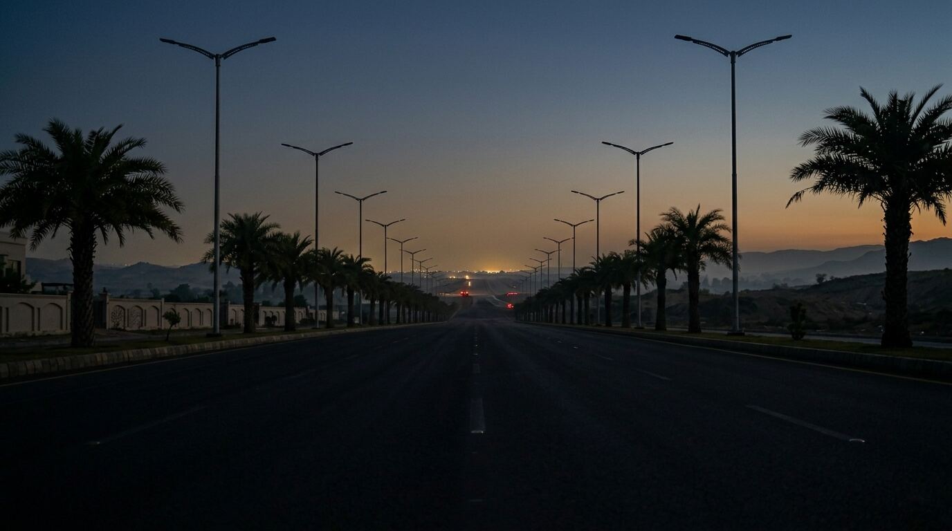Butterfly Econo Series — Value-tier LED road light installed on a project site in Pakistan